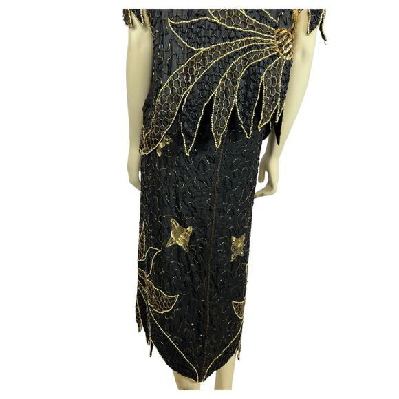 NWT Stunning Vintage silk sequenced beaded black, gold top, skirt set size large - Picture 10 of 17